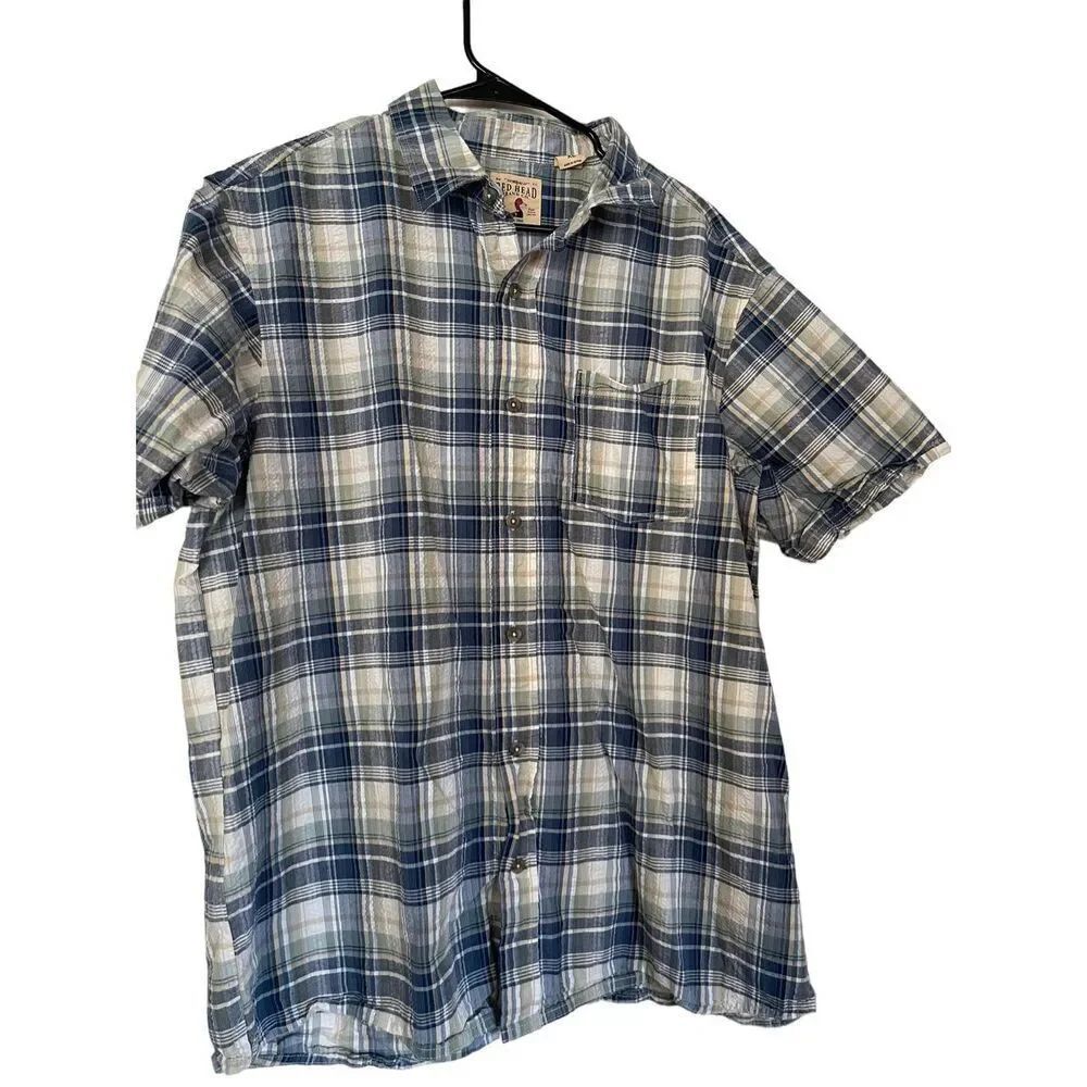 Red Head Men's Single Pocket Plaid Buttons Up Short Sleeve Shirt Size XL